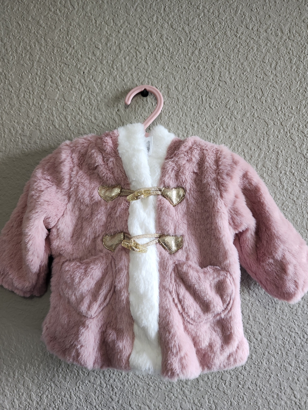 Little Lass Pink Faux Fur Hooded Coat with White Trim and Gold Accents
